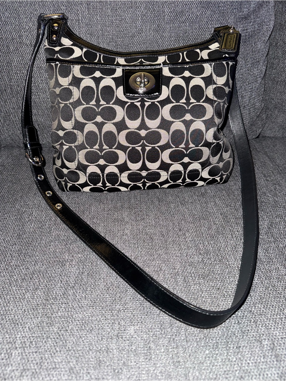 Coach Signature Black and Grey Turnlock Shoulder Hobo Bag